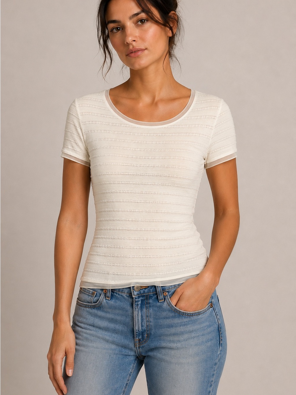 Lauren Ralph Lauren Cream Textured Knit Mesh Trim Stretch Tee Classic Preppy